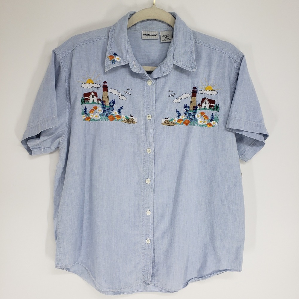 Vintage 90s Cabin Creek Lighthouse Embroidered Button Up Shirt Women LP Blue